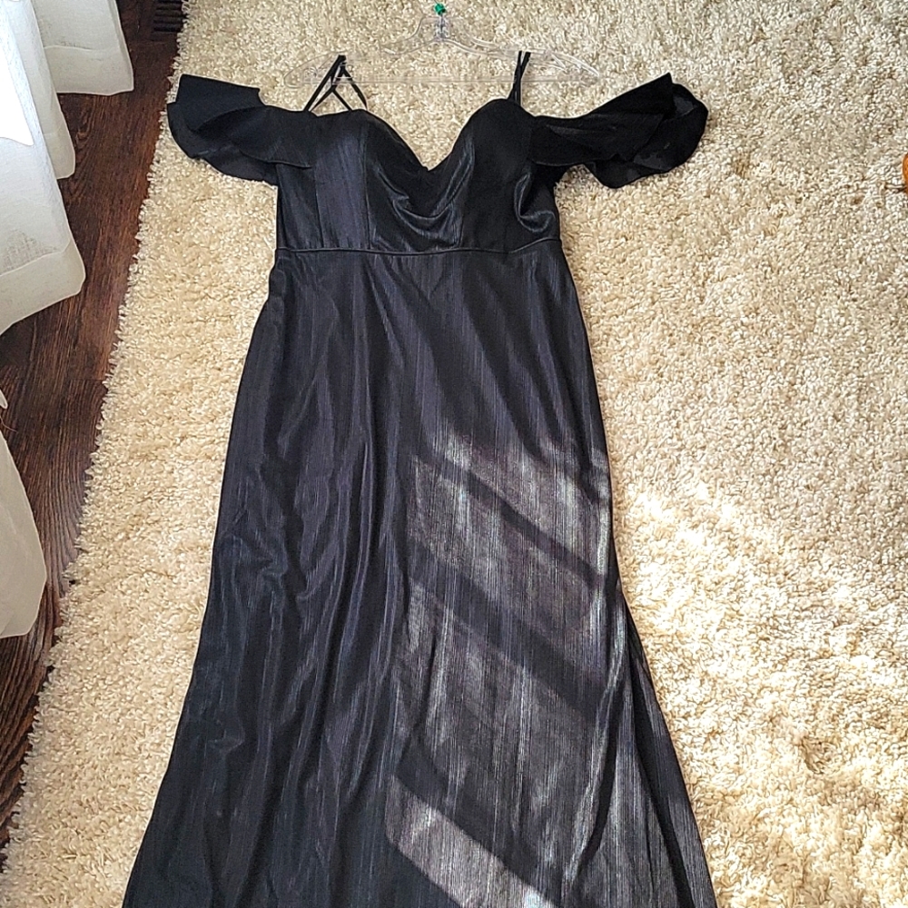Kleinfield Metallic Black Off Shoulder Evening Dress
